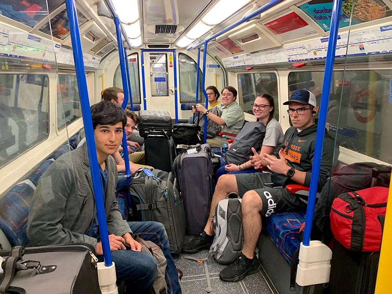 Picture of the 2019 Engineering In London students riding the Underground in London