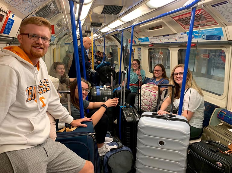 Picture of the 2019 Engineering In London students riding the Underground in London