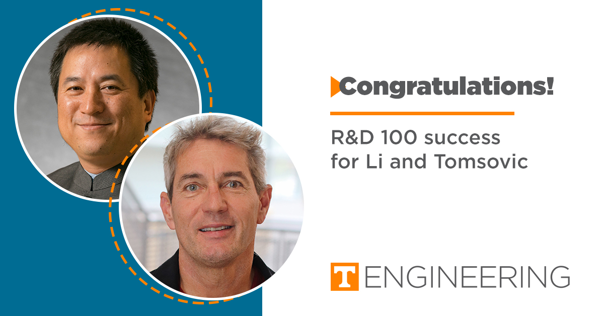Picture of Fran Li and Kevin Tomsovic congratulating them for their R&D 100 win