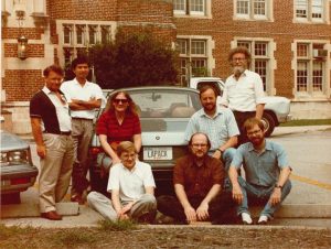The group that created the software package LAPACK at the University of Tennessee in front of Dongarra’s car with the LAPACK license plate, circa 1989. Dongarra is seated center-right.