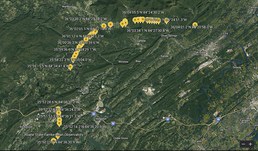 Google map screenshot showing the known locations of the UTARC balloon as it flew through East Tennessee