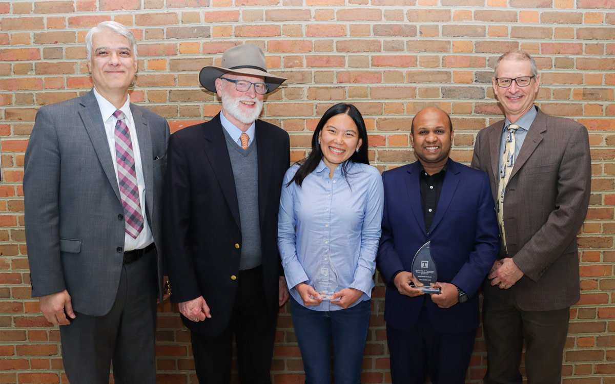 A group photo of UT Tickle College of Engineering faculty members. Left-Right: MABE Department Head Kivanc Ekici, Bill Dunne, MABE Assistant Professor Devina Sanjaya, EECS Assistant Professor Ahmedullah Aziz, and Paul Frymier.