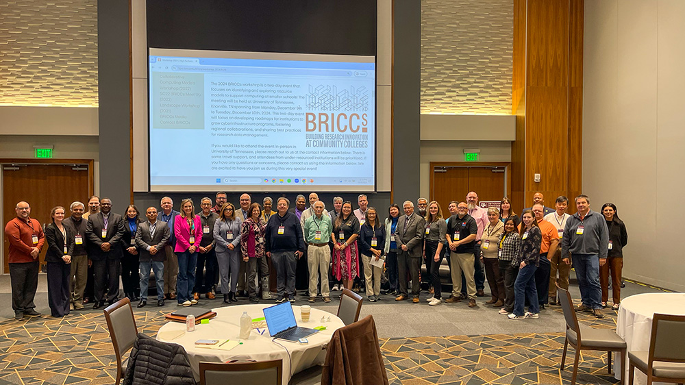 attendees standing in rows in front of a projector screen at the BRICCS conference